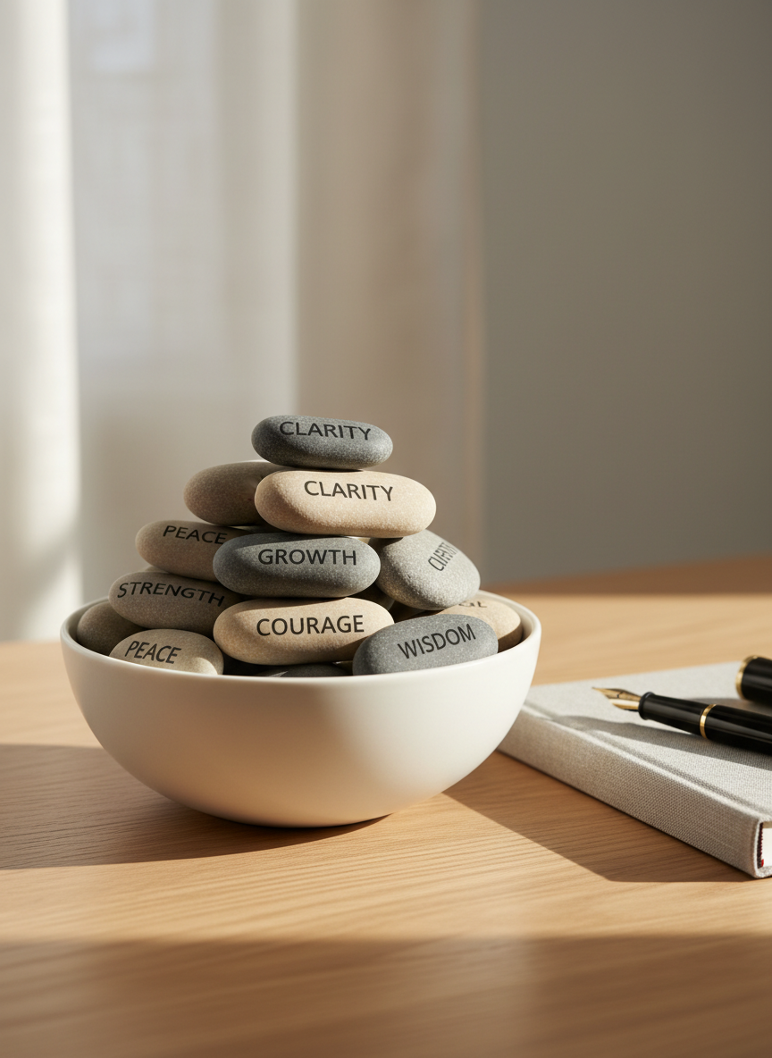 A smooth, matte-white ceramic bowl filled with carefully stacked river stones in soft grays and warm beiges, each stone engraved with a single uplifting word like “clarity,” “growth,” and “courage.” The bowl rests on a light oak desk beside a closed, linen-textured journal and an uncapped fountain pen. Soft morning sunlight filters through a sheer curtain, casting gentle, elongated shadows and subtle highlights on the stones’ rounded surfaces. Shot at eye level with a shallow depth of field, the stones are in crisp focus while the background softly blurs into a calm, neutral gradient. The mood is serene, professional, and hopeful, with photographic realism and a clean, modern aesthetic that suggests personal development and quiet reflection.